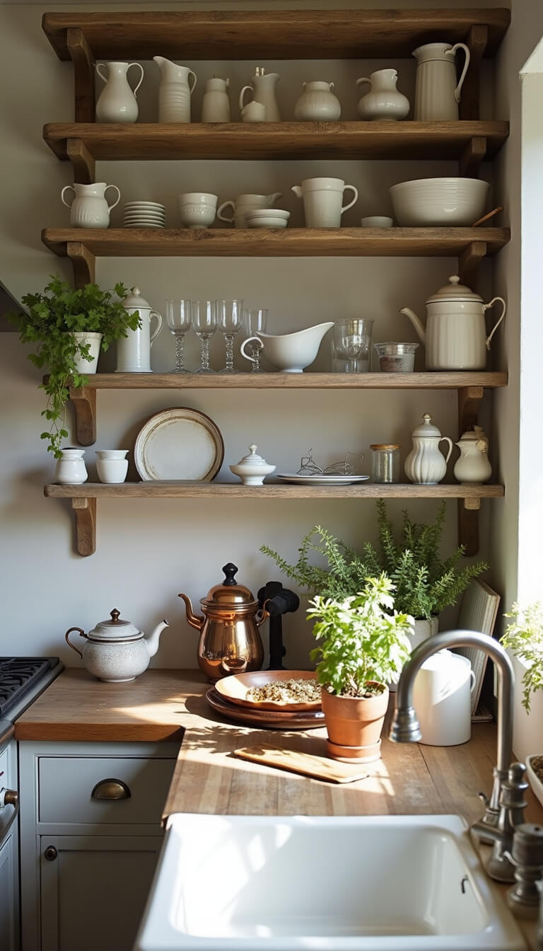 Close-up of open wooden kitchen shelves with white pottery, copper molds, and vintage glassware, lit by late afternoon sun.