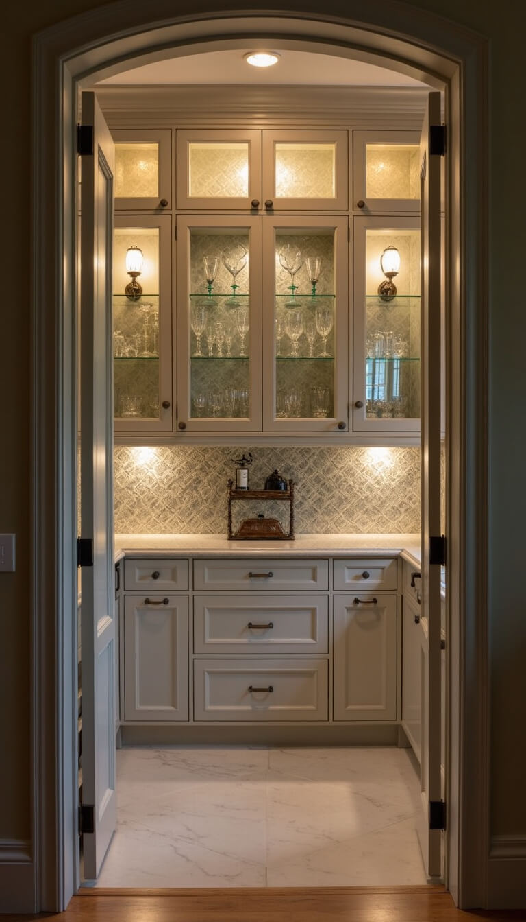 French-style butler's pantry with glass cabinets, crystal and silverware, mirror backsplash, and warm sconce lighting at twilight.