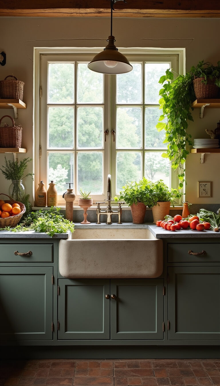Rustic French farmhouse kitchen with stone sink under window, aged zinc countertops, and fresh produce in natural midday light.