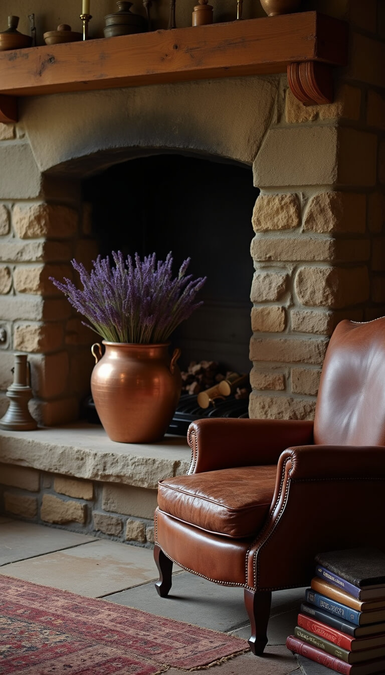 Cozy French country kitchen hearth with stone fireplace, copper pot of dried lavender, worn leather armchair, and stack of cookbooks in warm lighting.
