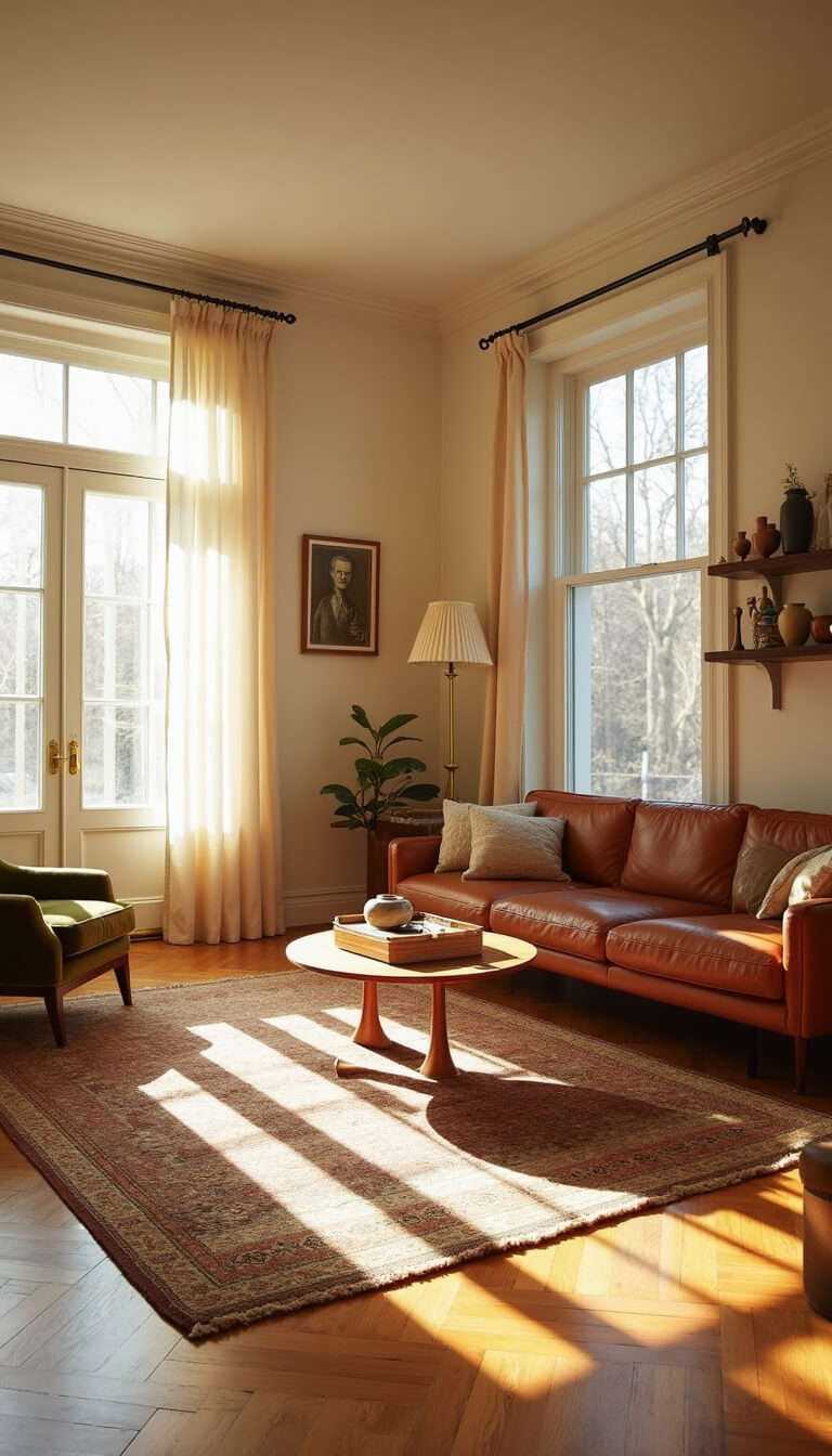 Sunlit mid-century living room with cognac leather sofa, teak coffee table, olive velvet chair, and herringbone wood floors at golden hour.