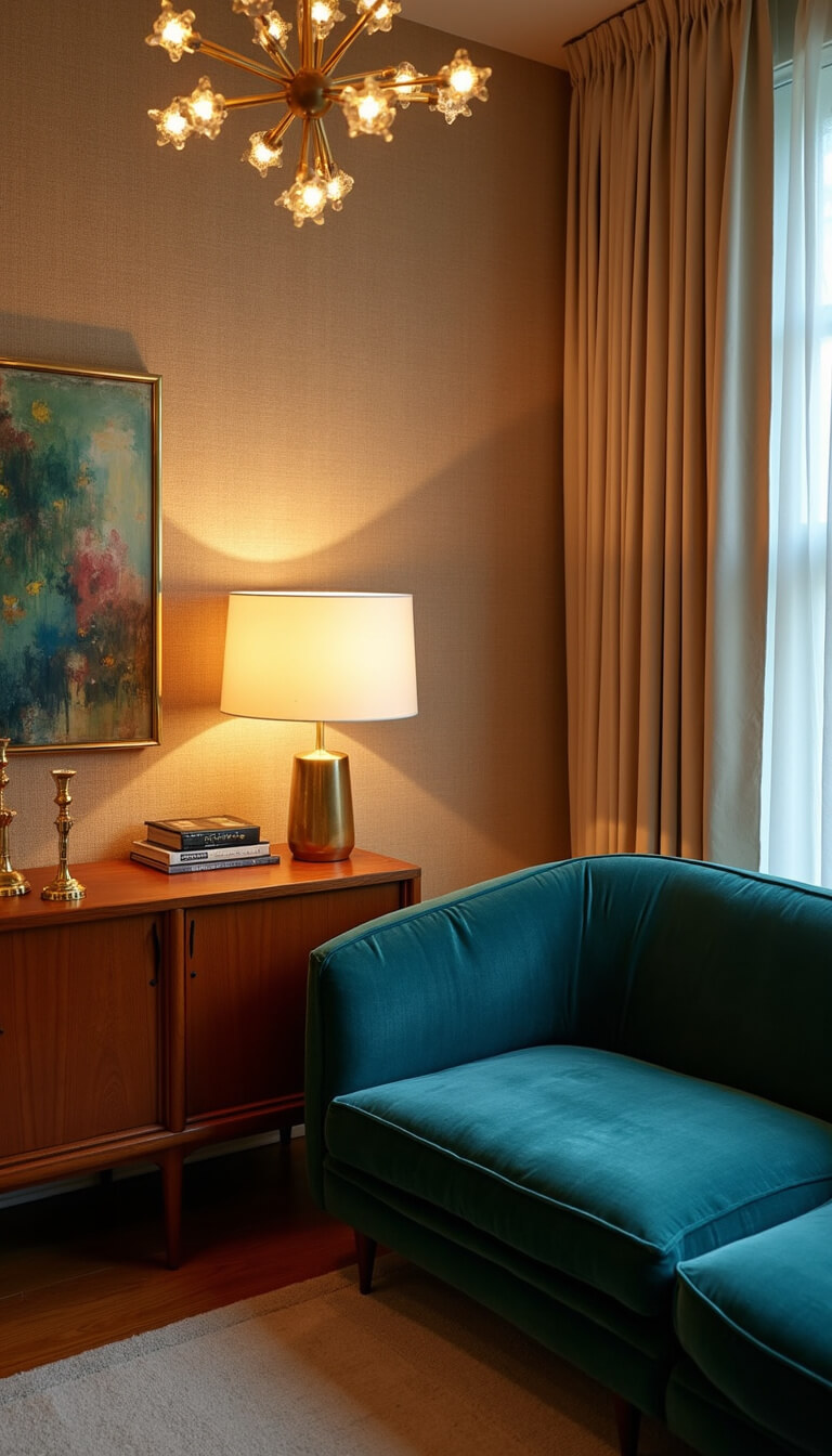 Cozy dusk-lit living space with a deep teal velvet curved sofa, grasscloth walls, vintage Sputnik chandelier, Danish teak sideboard, and layered warm lighting from brass-accented vintage lamps.