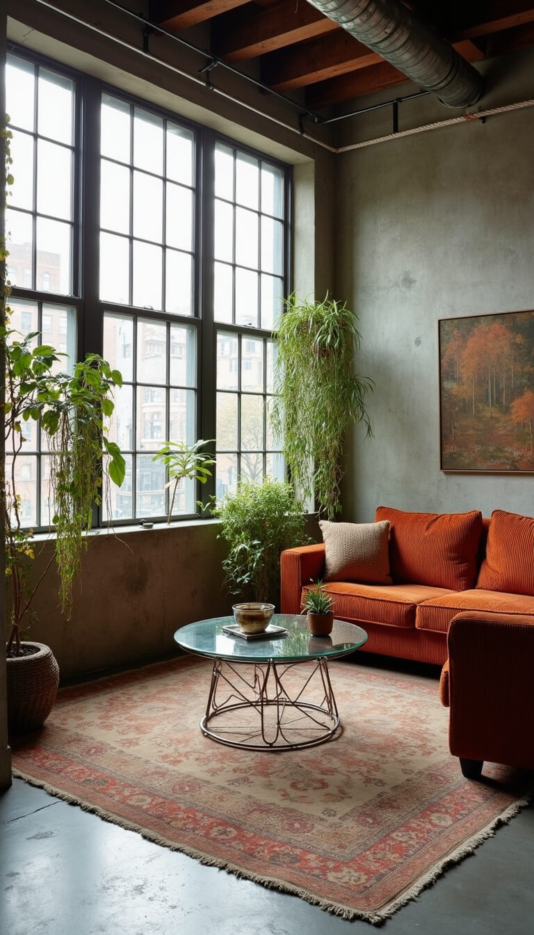 Elevated view of an industrial loft with rust corduroy sectional, Persian rug, chrome coffee table, concrete floors, and hanging plants in morning light.