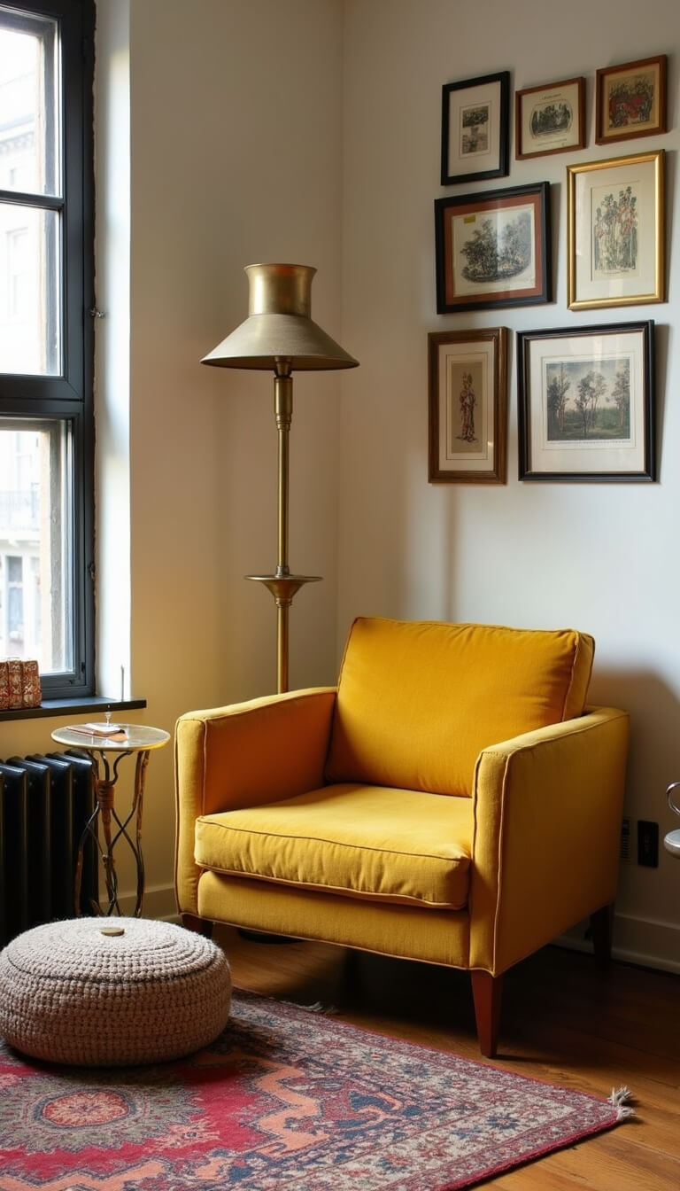 Cozy sitting room in late afternoon light with mustard bouclé armchair, 1960s teak side table, vintage print gallery wall in brass frames, Moroccan pouf, layered rugs, and rich textures in mustard, cream, and black accents.