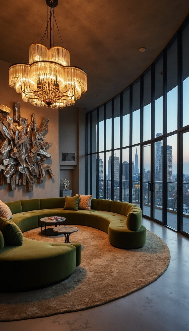 Open-concept modernist living space at twilight with olive green curved velvet sofa, vintage Murano glass chandelier, full-height windows showing city view, Brutalist metal wall sculpture, and polished concrete floors.