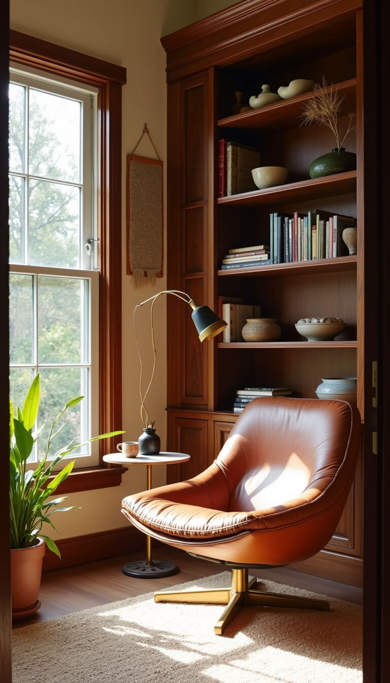 Cozy 12x14ft reading nook with cognac leather chair, brass arc lamp, walnut bookshelves filled with vintage books and ceramics, handwoven wall hanging, and morning light streaming in.