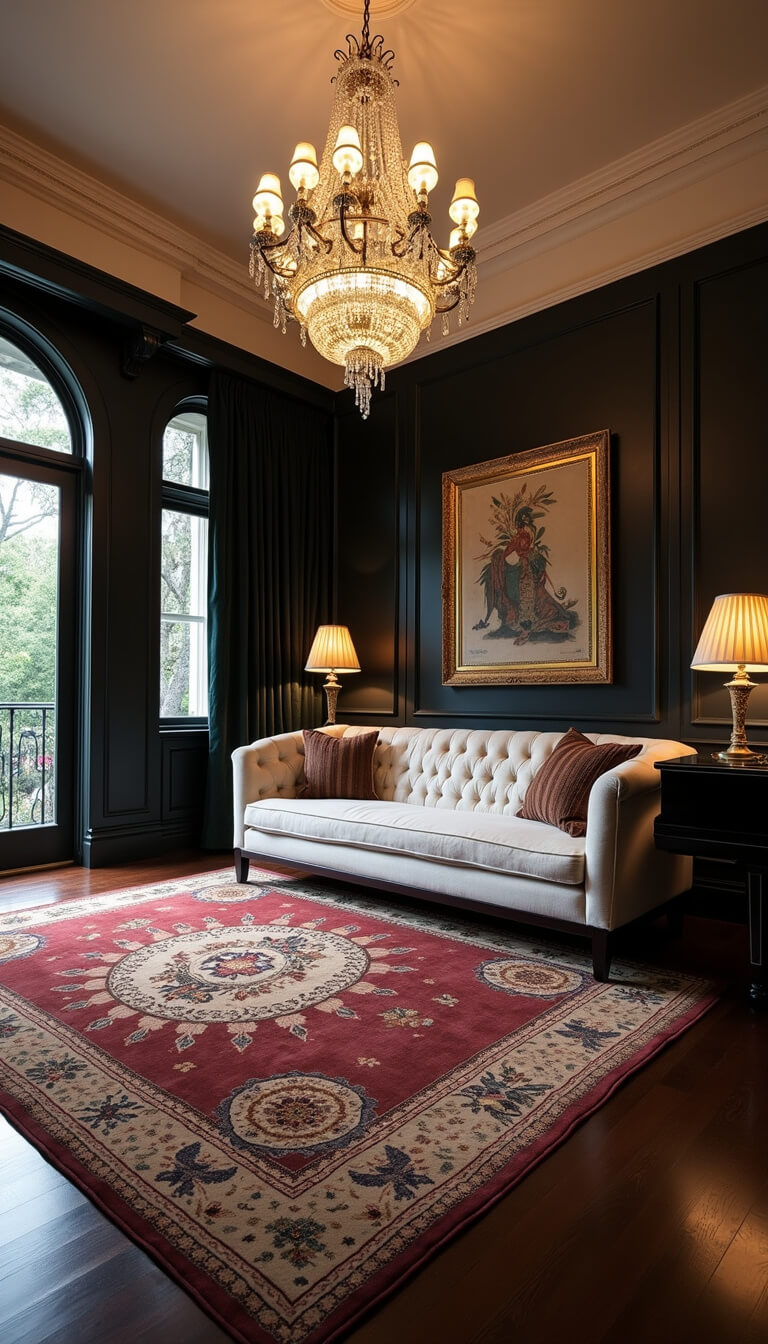 Elegant 20x25ft formal living room at night with crystal chandelier, curved ivory bouclé sofa, jewel-toned Chinese Art Deco rug, black lacquered piano, and gold accents, viewed from above showing symmetrical layout.