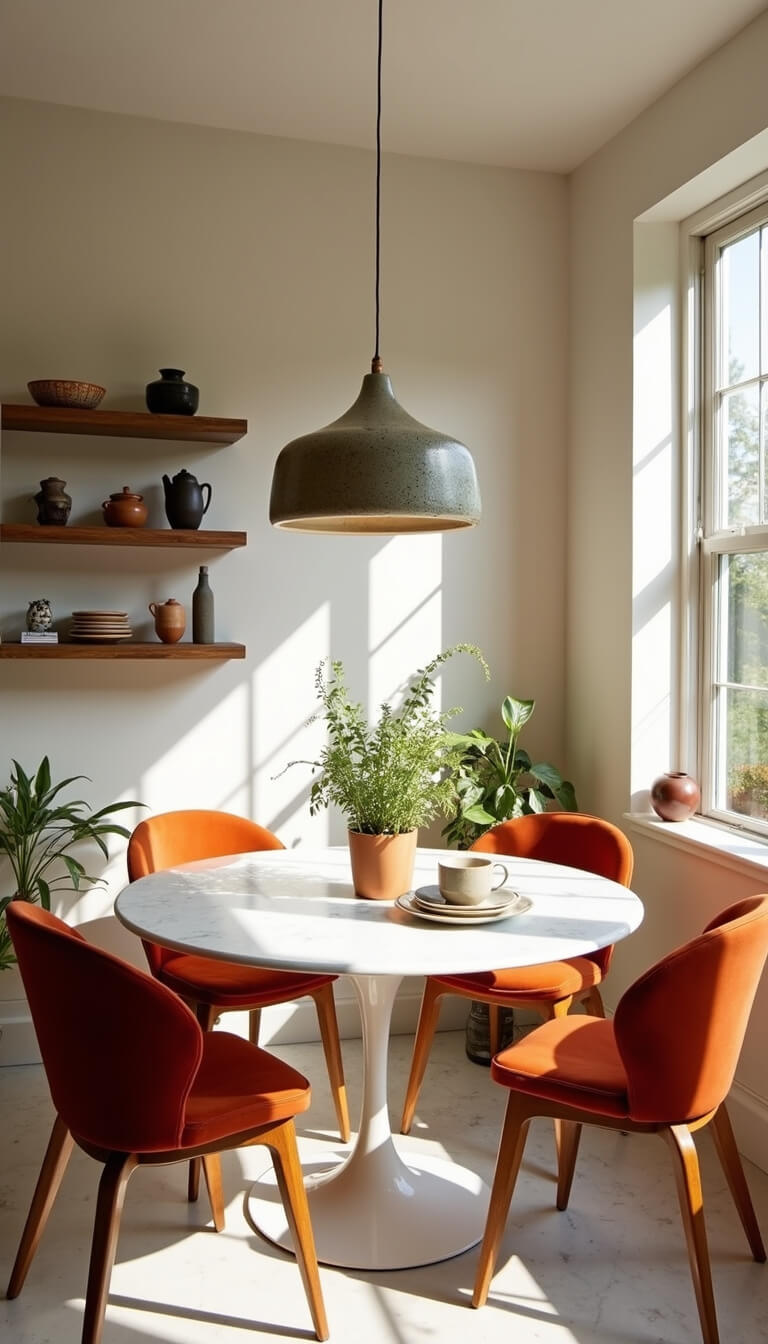 Sunlit breakfast nook with vintage Tulip table, rust velvet mid-century chairs, oversized ceramic pendant, floating shelves of vintage pottery, and warm marble and wood accents.