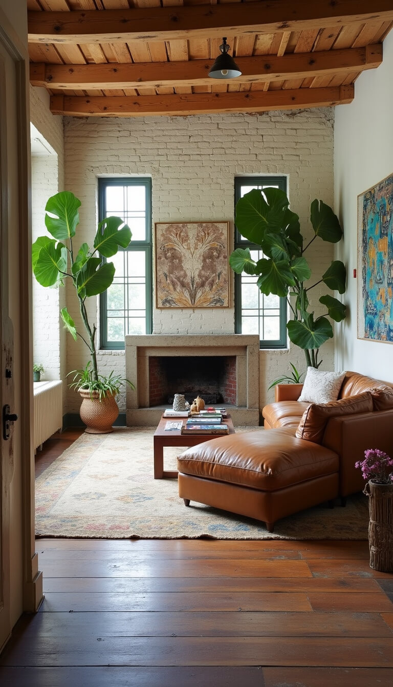 Airy artist's 22x26ft living space with tan leather sectional, whitewashed brick fireplace, abstract textile wall art, large fiddle leaf fig trees, and afternoon light.