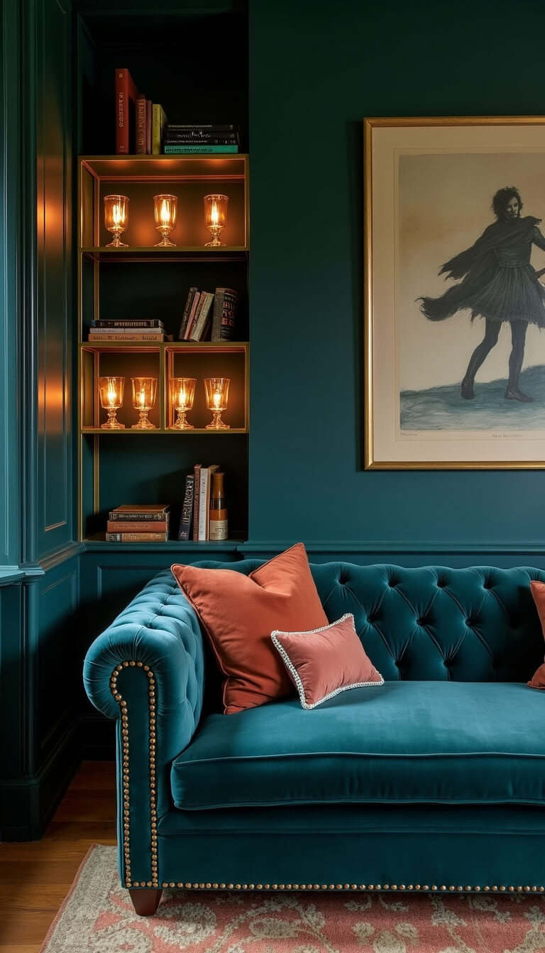 Moody den with deep teal velvet chesterfield sofa, vintage brass étagère of art books, and mercury glass lamps casting ambient dusk light.