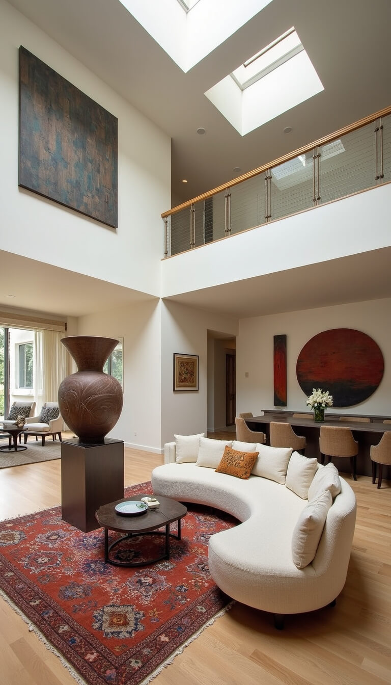 Modern 24x28ft great room viewed from mezzanine with curved cream bouclé sectional, layered vintage Moroccan rugs, clerestory windows, and a large ceramic sculpture on a plinth; features terracotta tones and metallic accents.