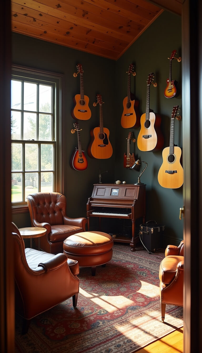 Cozy 14x16ft music room with cognac leather club chairs facing a walnut record console, acoustic guitars mounted on the wall, and warm late afternoon light filtering through a doorway.