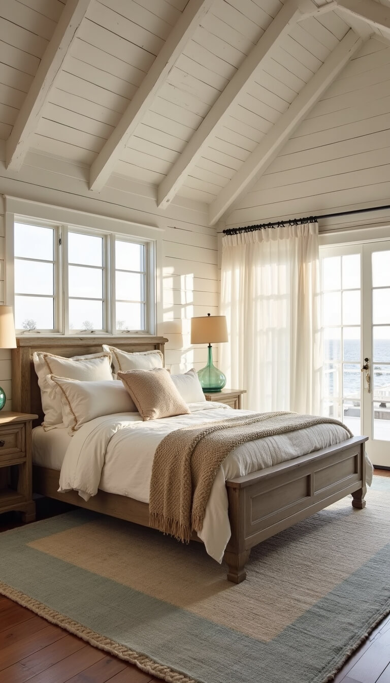 Coastal farmhouse bedroom at golden hour with king bed, whitewashed beams, vintage accents, and soft neutral tones.