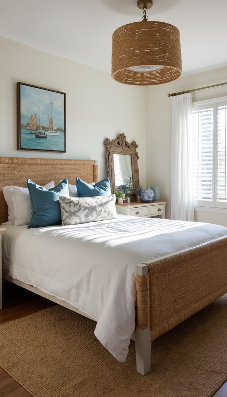 Low-angle view of sunlit bedroom with rattan queen bed in white linens, coastal pillows, seagrass pendant light, driftwood mirror, maritime art, jute rug, and oak flooring.