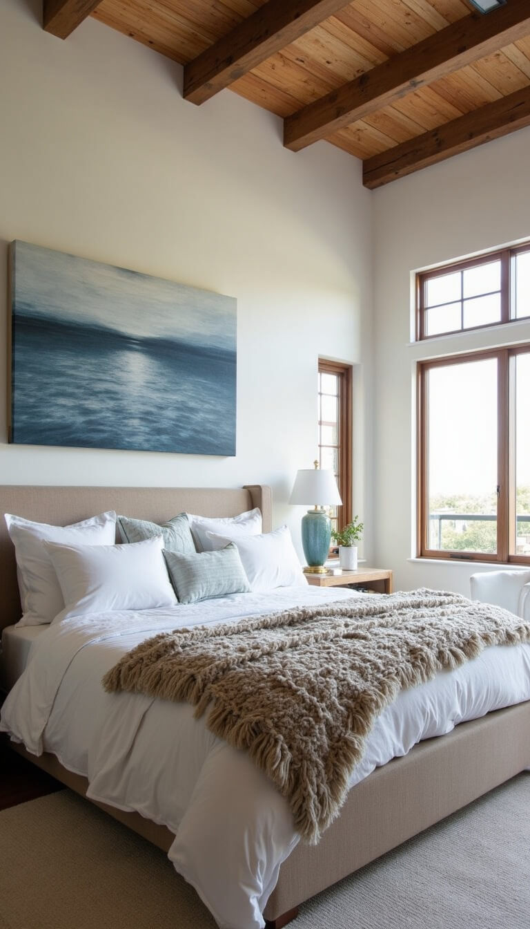 Airy 16x18ft bedroom with tray ceiling, rustic wood beams, California king bed in white bedding, abstract seascape artwork, and soft afternoon light.