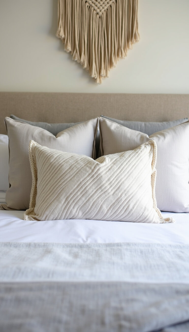 Coastal farmhouse bed with layered neutral bedding, textured pillows, and macrame wall hanging at sunrise.
