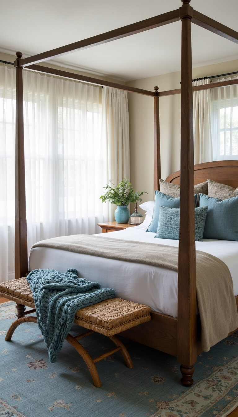 Primary suite with four-poster oak bed, sea glass bedding, vintage blue rug, and rattan bench in morning light.