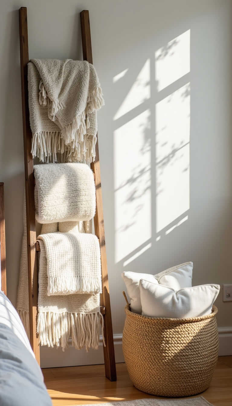 Sunlit bedroom corner with vintage ladder displaying neutral textured throws, woven basket of pillows, and black-and-white beach photo above.