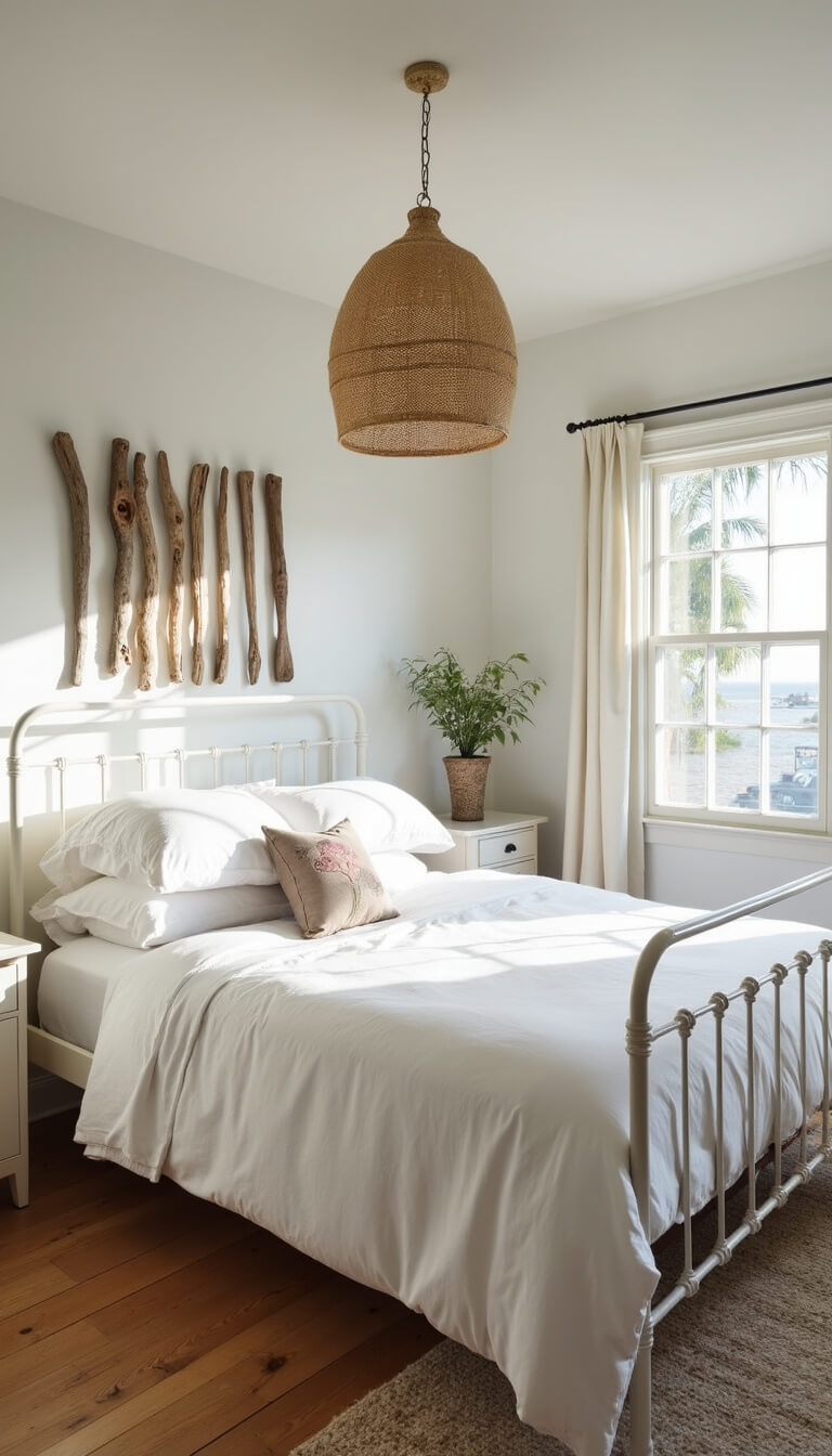 Coastal bedroom with white iron bed, linen bedding, driftwood wall art, and seagrass pendant light in bright natural afternoon light.