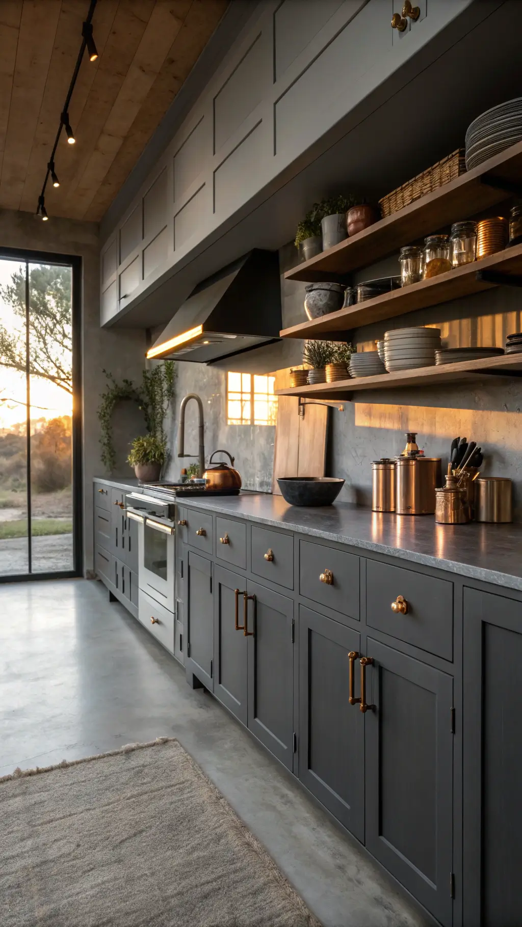 Moody galley kitchen with charcoal gray cabinets, concrete countertops, and golden hour light casting shadows through industrial window.
