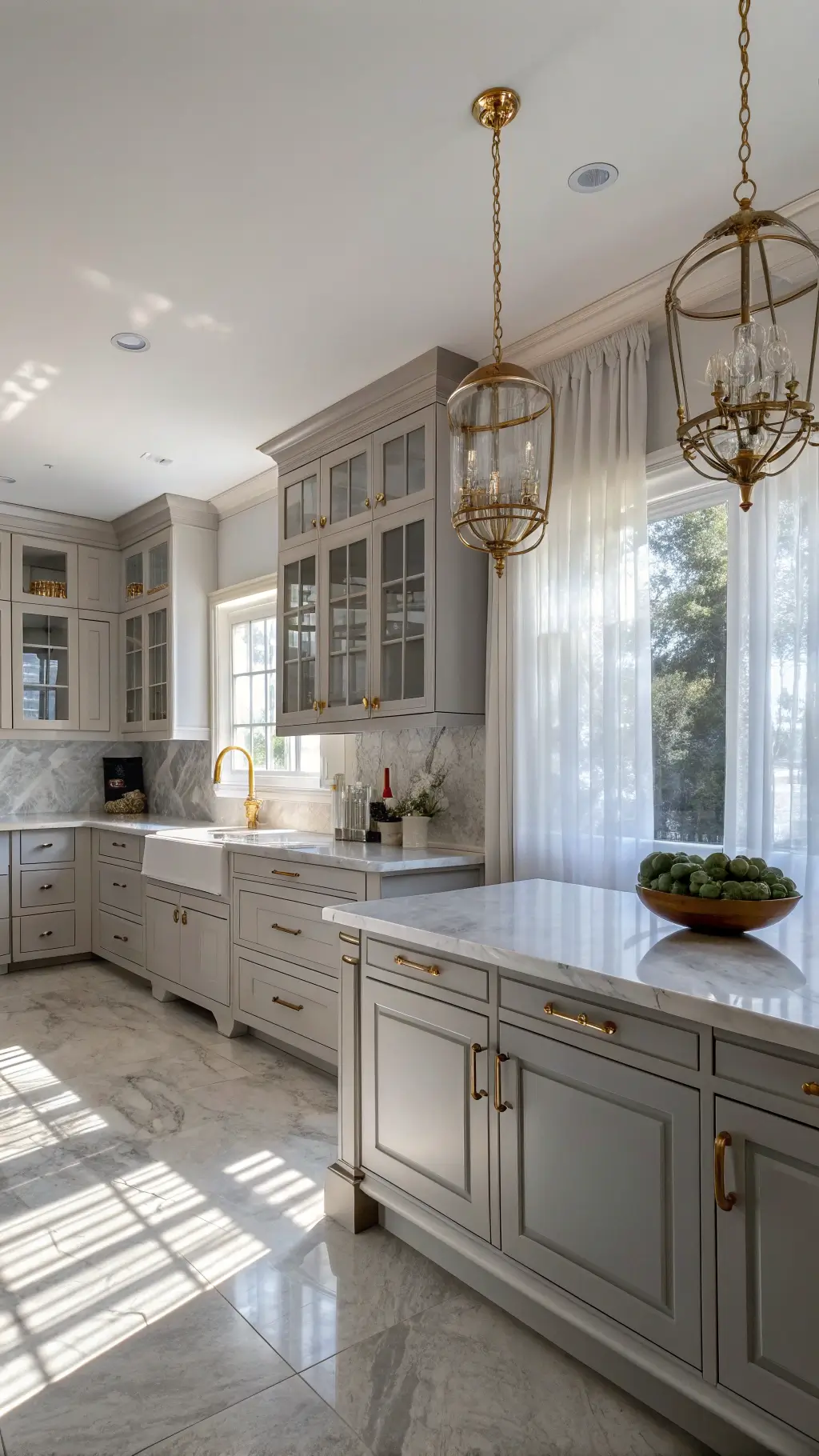 L-shaped transitional kitchen with dove gray cabinets, quartzite countertops, brass hardware, and vintage pendant lights under soft afternoon sunlight.