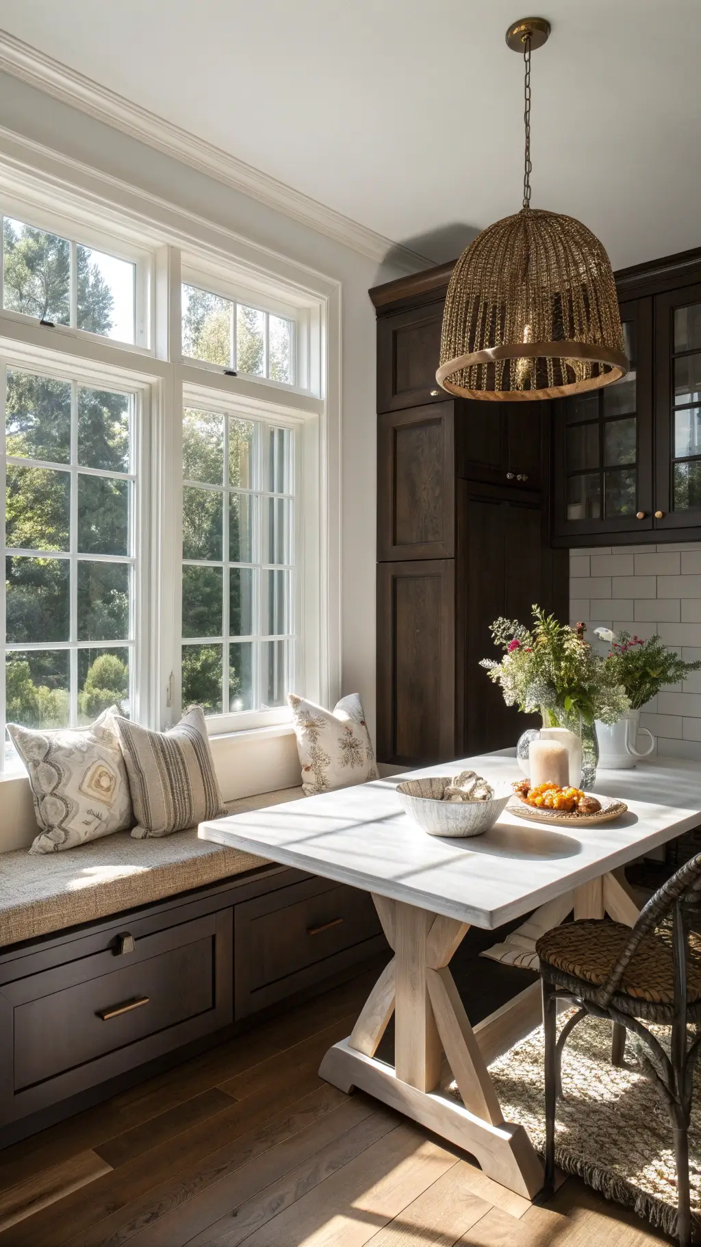 Sunlit breakfast nook with white oak table, built-in bench by large window, dark brown cabinets, rattan pendant light, and natural decor elements.