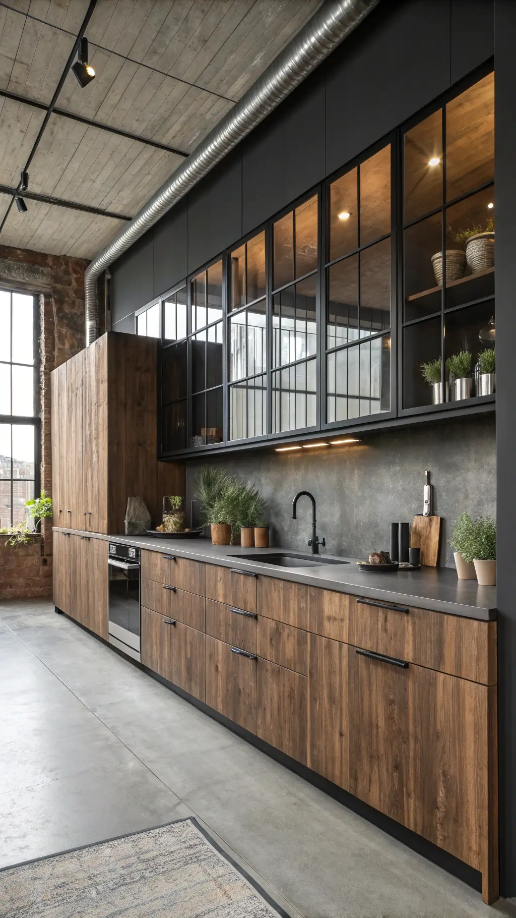 Industrial-modern kitchen with full-height walnut cabinets, black steel uppers, concrete countertops, moody lighting, and professional cookware styling.