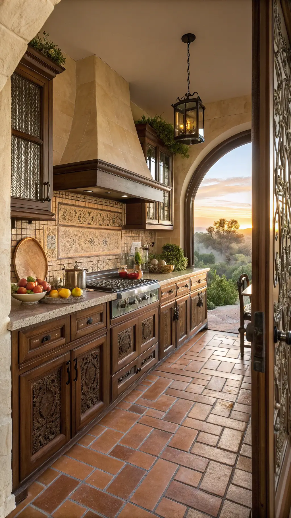 Mediterranean kitchen with tobacco brown carved cabinets, terracotta tiles, hand-painted backsplash, and copper cookware in warm golden-hour light.
