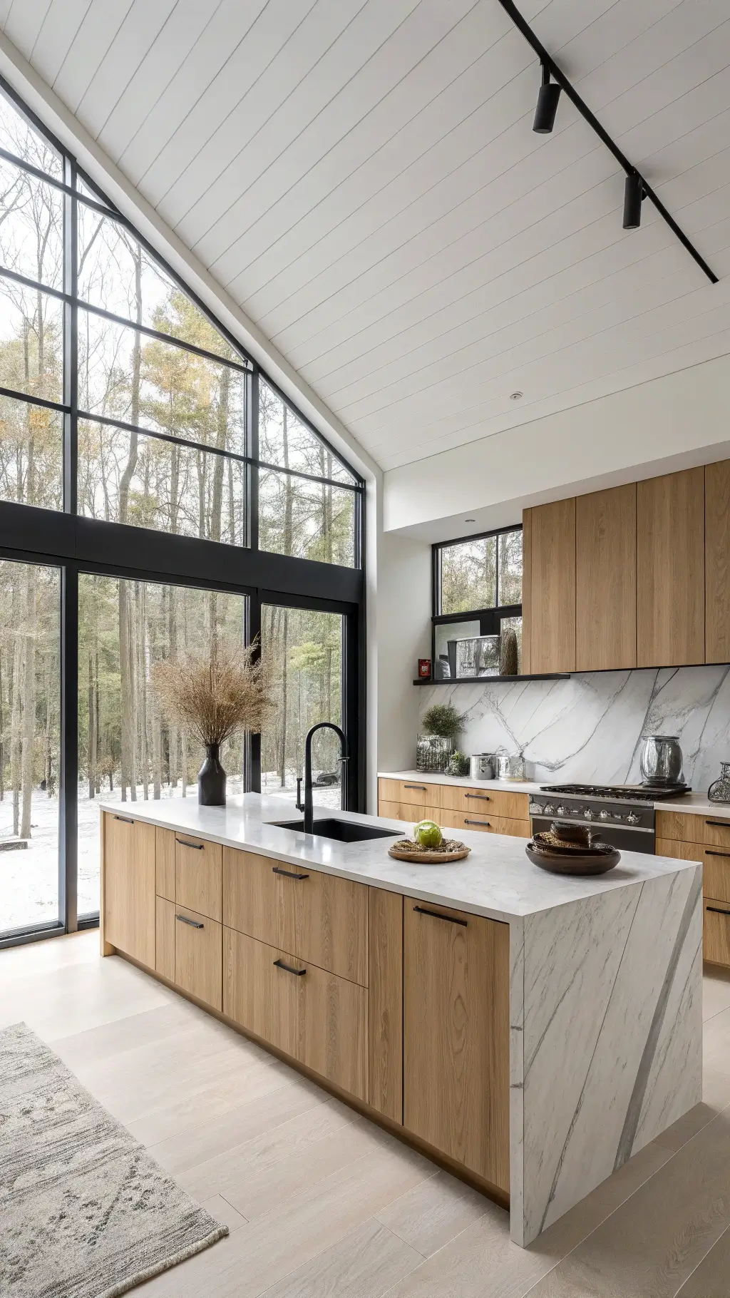 Scandinavian minimal kitchen with oak cabinets, marble waterfall island, black steel windows, and sparse black accents in natural light.