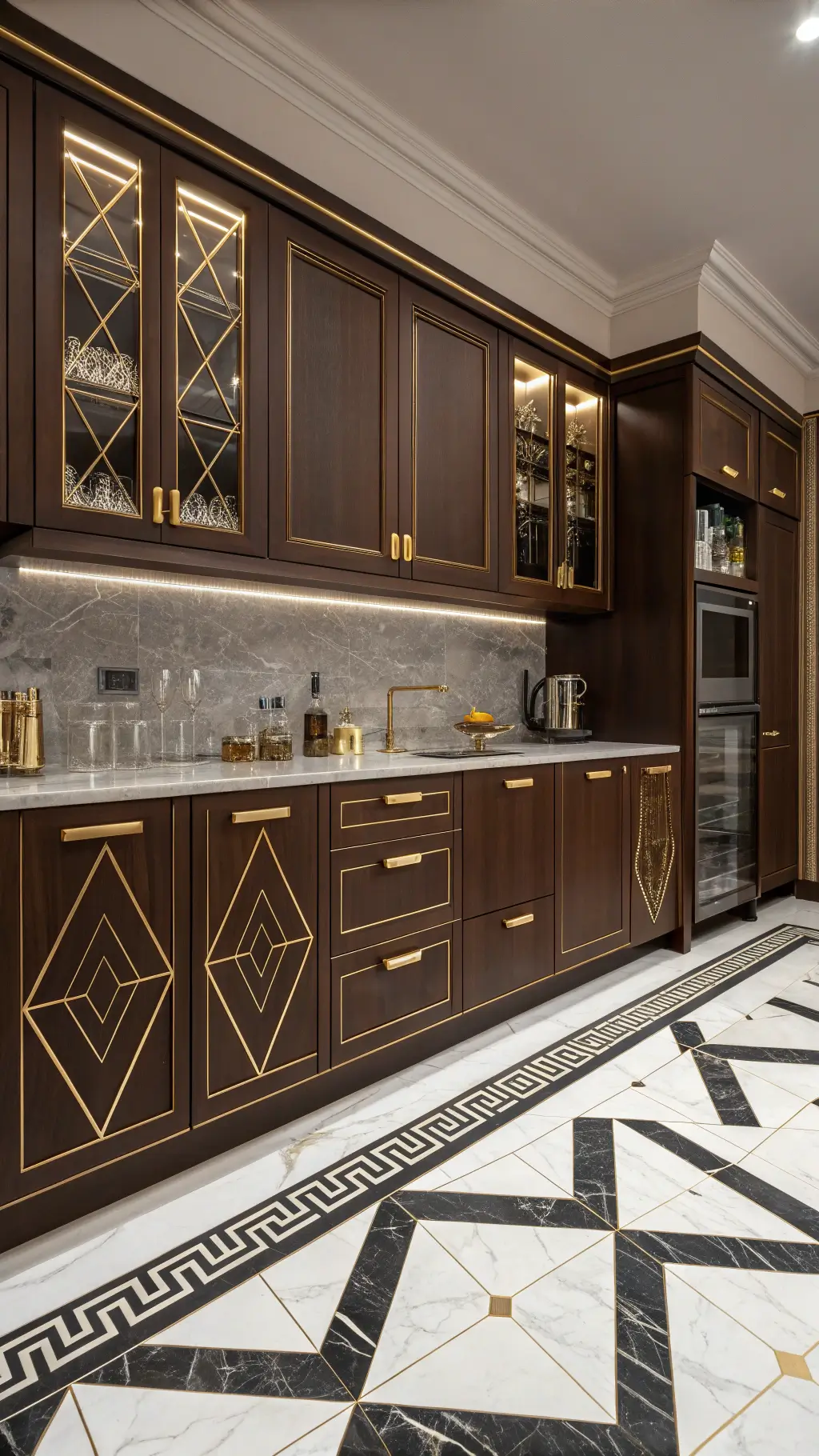 Art Deco kitchen with chocolate brown cabinets, brass accents, geometric black and white marble floor, and vintage evening décor.
