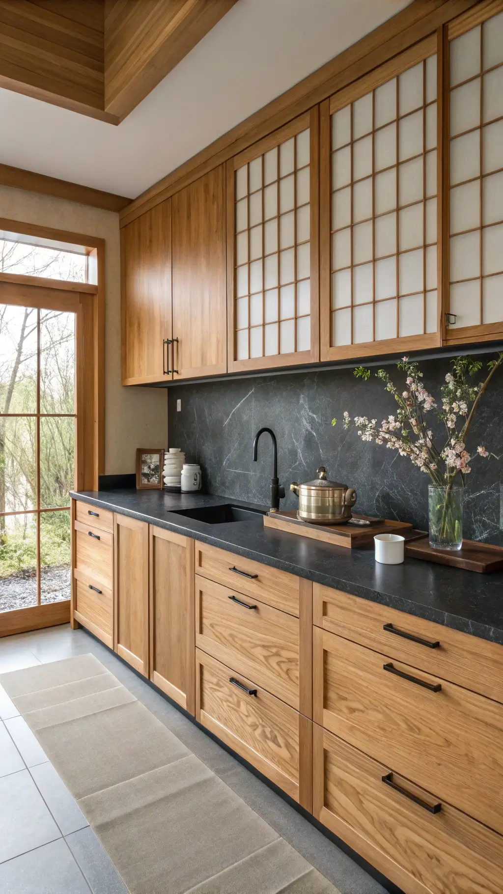 Japanese-style kitchen with cedar cabinets, shoji screen uppers, black stone countertops, and minimal décor including a ceramic tea set and ikebana arrangement, bathed in soft natural light.