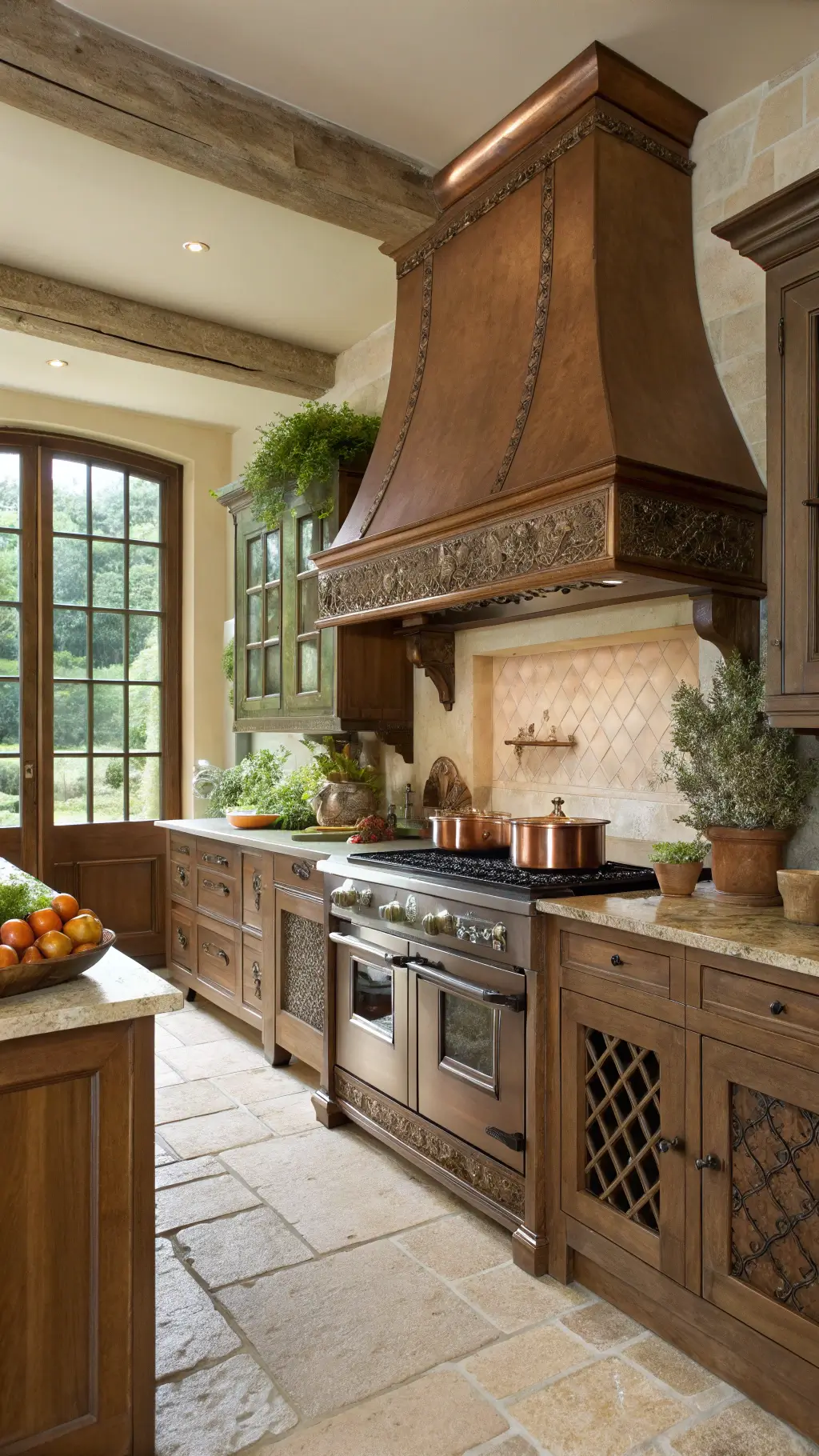 English country kitchen with distressed brown cabinets, copper hood over AGA range, limestone counters and floors, viewed through a Dutch door in morning light.