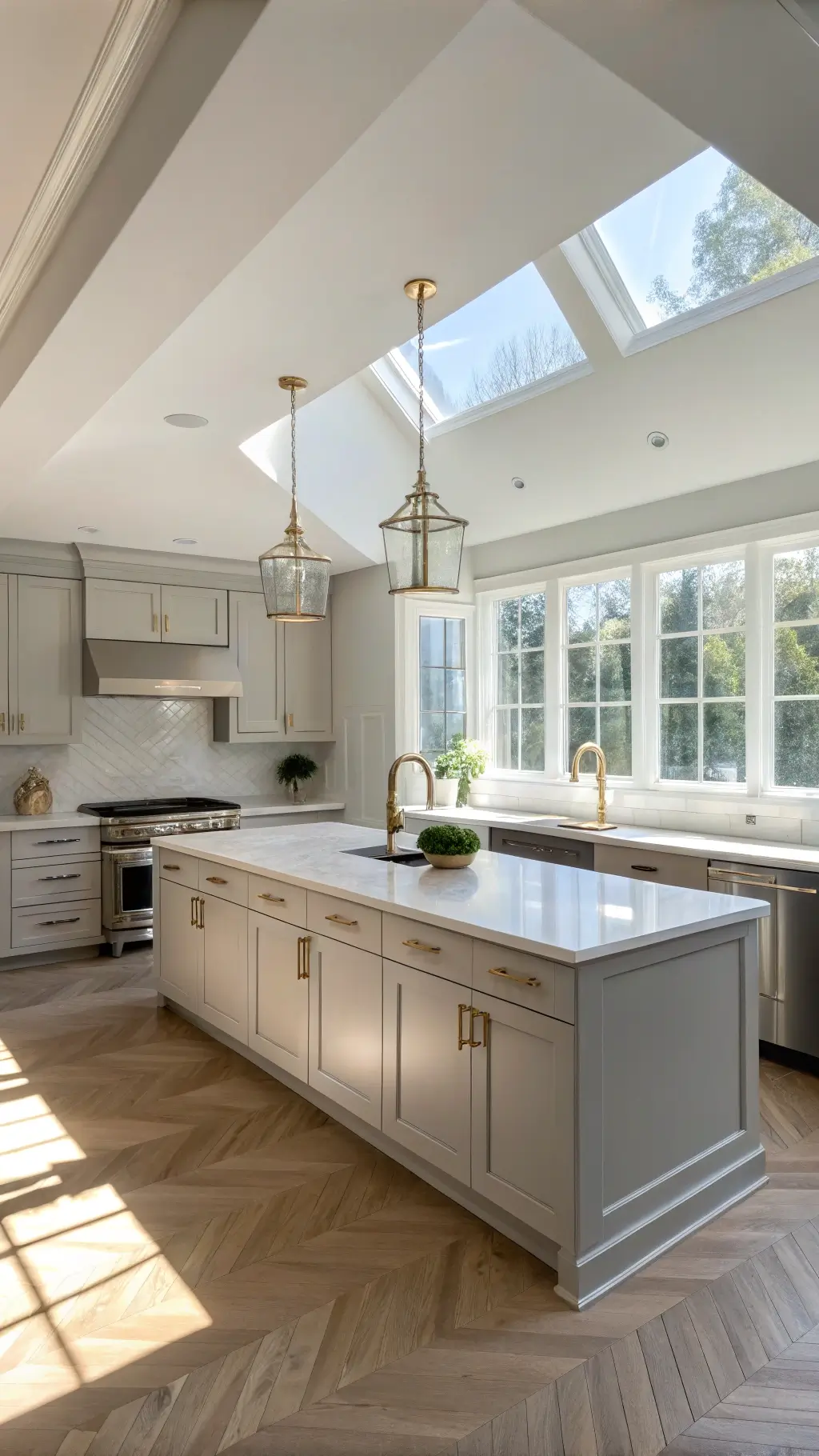 Modern dove gray kitchen with white quartz island, brass pendants, and natural light streaming through tall windows onto herringbone oak floors.