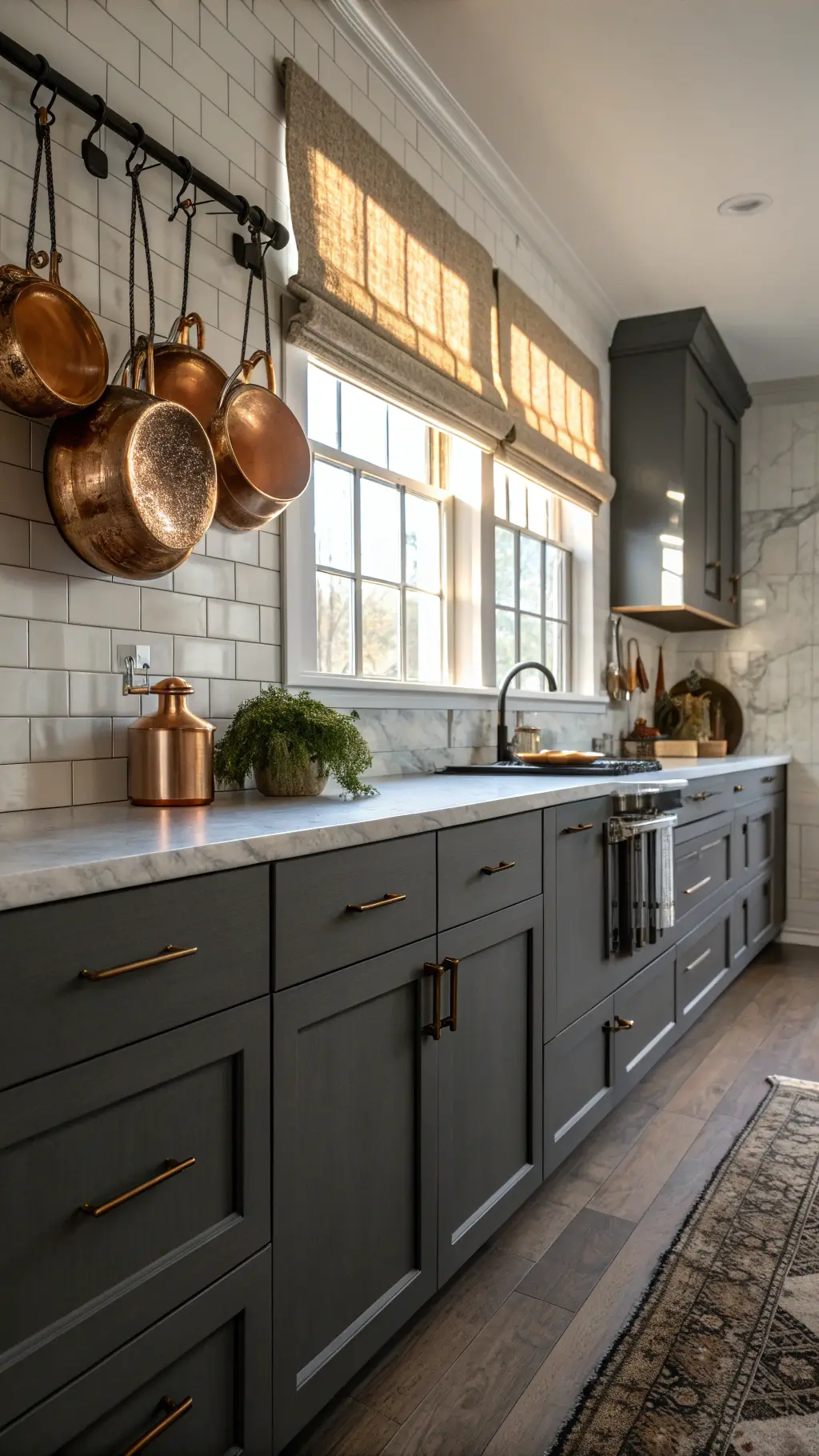 Charcoal gray galley kitchen with flat-panel cabinets, copper cookware, and warm golden hour lighting filtering through roman shades.
