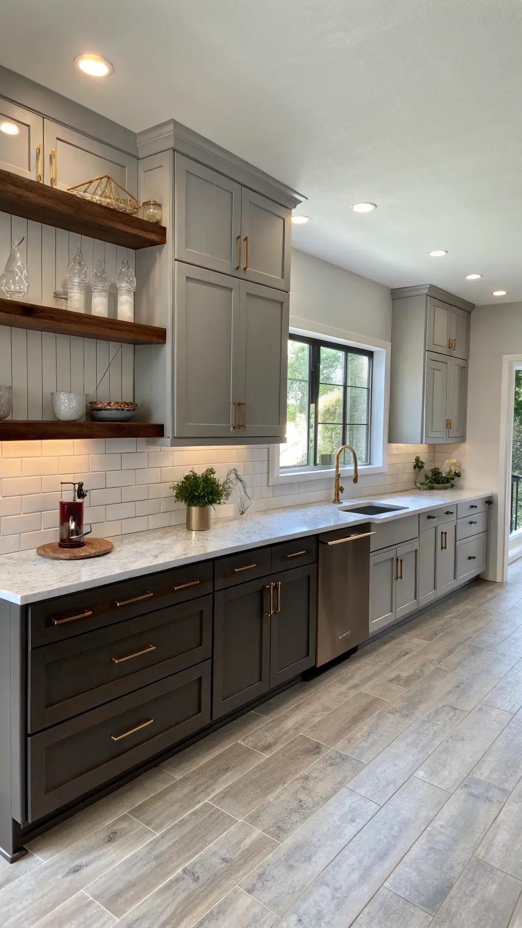 L-shaped kitchen with light and dark gray cabinets, walnut floating shelves, brushed gold hardware, and soft natural and LED lighting.
