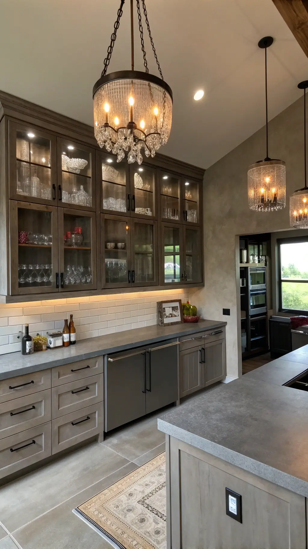 High-angle view of contemporary open-concept kitchen with greige cabinets, smoky glass uppers, concrete countertops, dramatic pendant lighting, and a living wall in moody lighting.