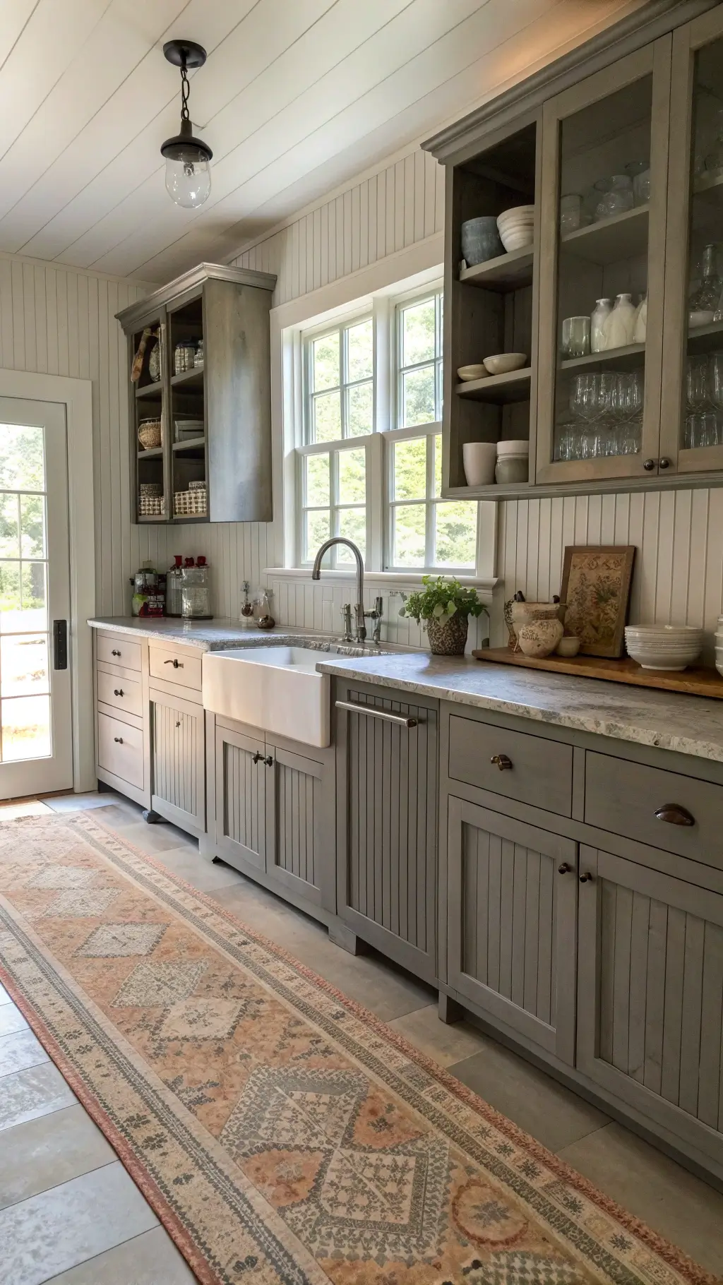Farmhouse-modern kitchen with weathered gray beadboard cabinets, vintage runner, open shelves with ironstone, and polished nickel bridge faucet in soft afternoon light.