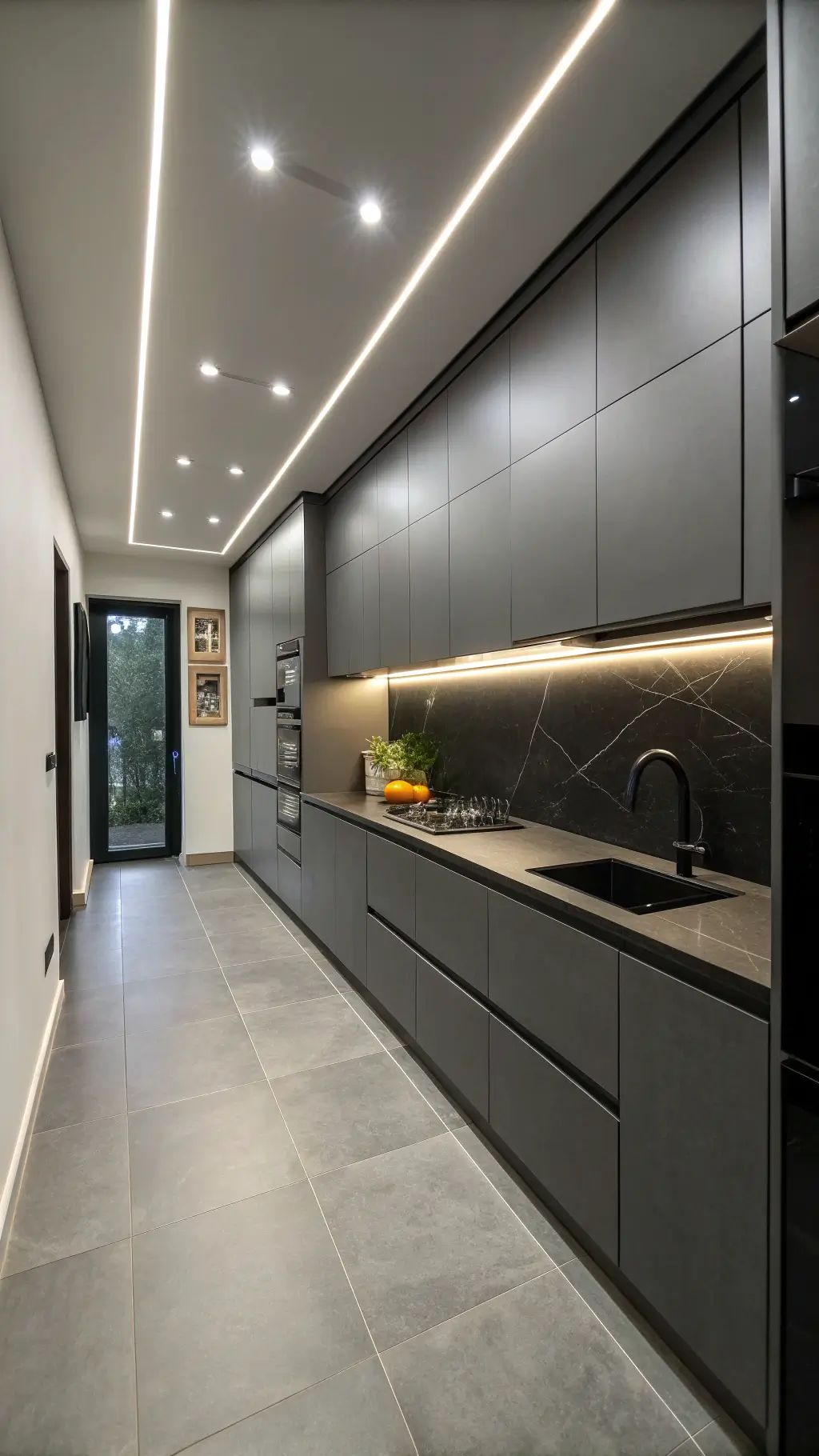Minimalist 10x12ft galley kitchen with graphite gray cabinets, black stone counters, integrated appliances, and moody LED strip lighting.