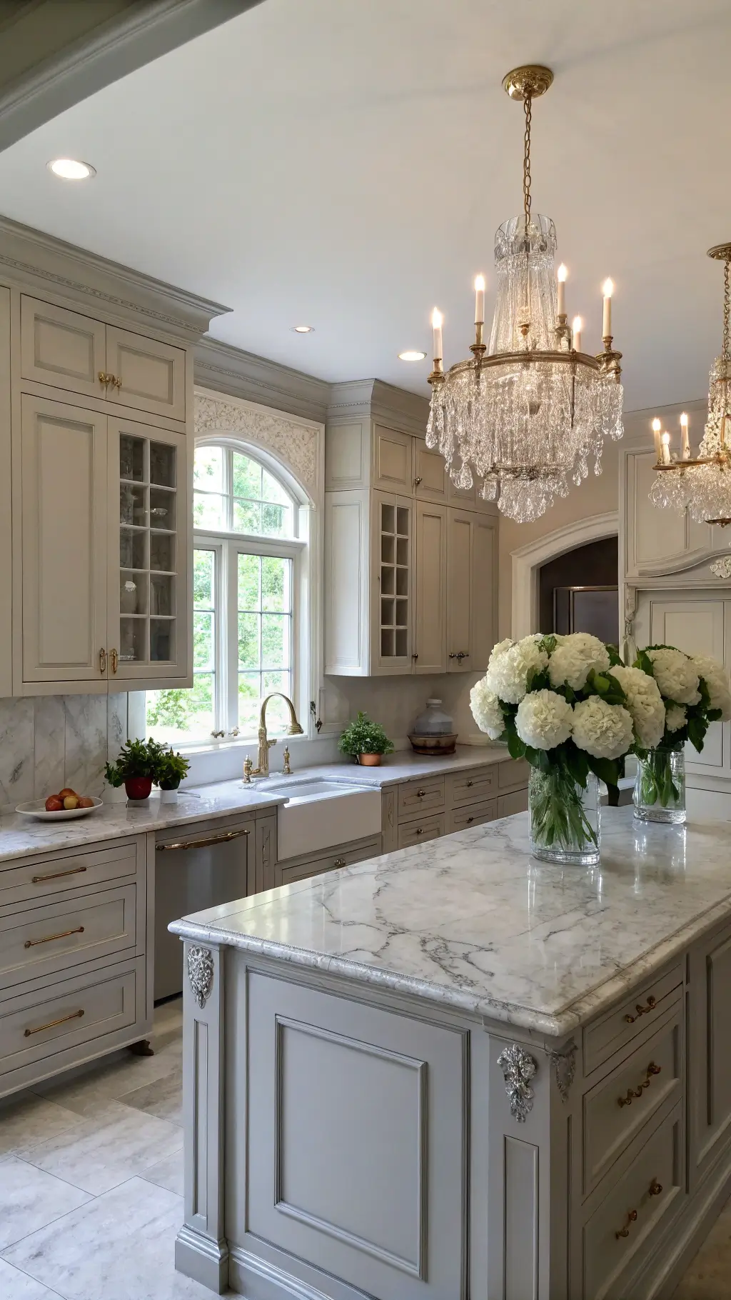 Traditional 13x15ft kitchen with pale gray raised-panel cabinets, marble countertops, antique brass hardware, crystal chandelier, and fresh hydrangeas in diffused natural light.