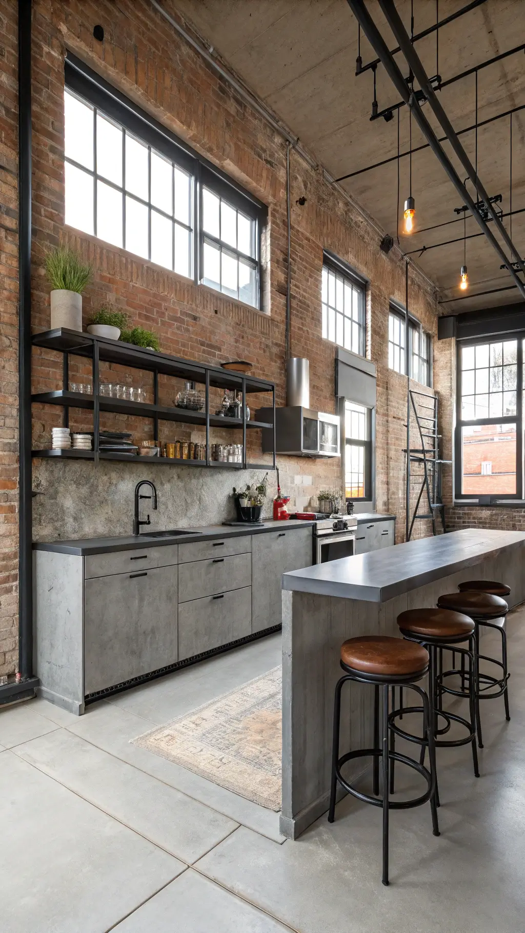 Industrial-chic kitchen with cement gray cabinets, exposed brick wall, factory windows, stainless steel appliances, black metal shelves, and vintage leather barstools.