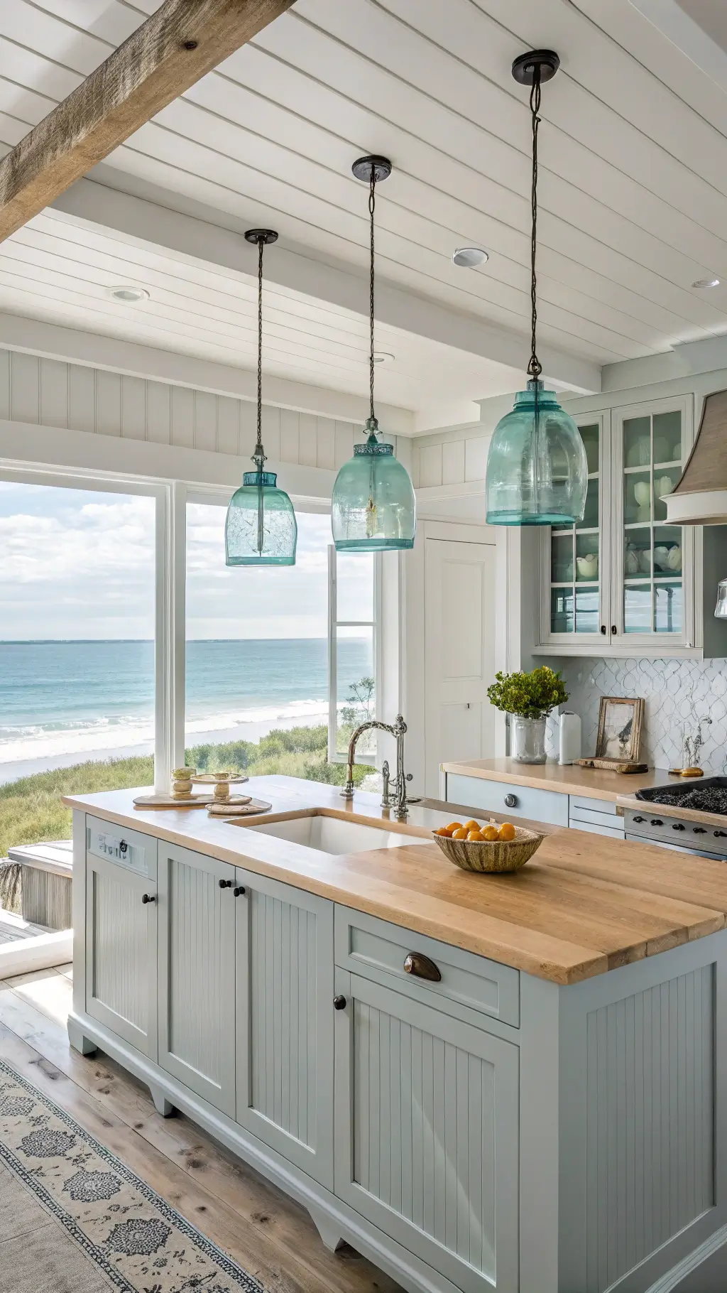 Coastal kitchen with light gray beadboard cabinets, sea glass pendant lights, white oak counters, and blue-green accents in bright natural lighting.