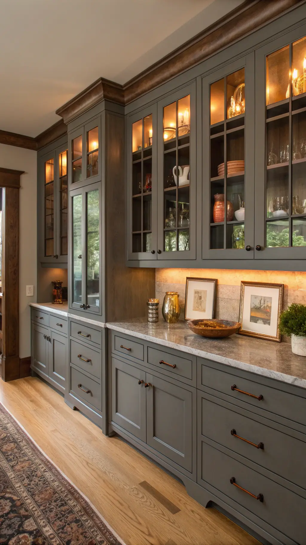 Modern craftsman kitchen with slate gray cabinets, mullion glass doors, soapstone counters, copper hardware, pottery display, and warm ambient lighting from library sconces.