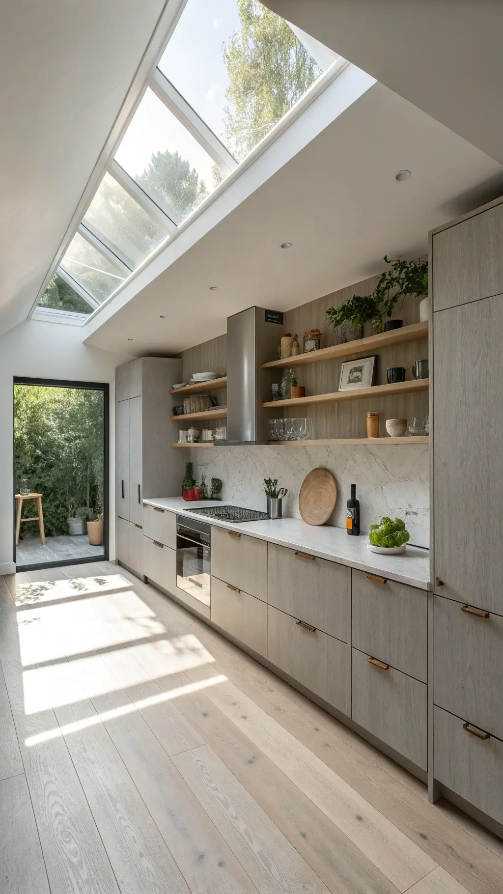 Scandinavian kitchen with fog gray handleless cabinets, pale wood open shelves, white oak flooring, and morning light casting shadows through skylight.