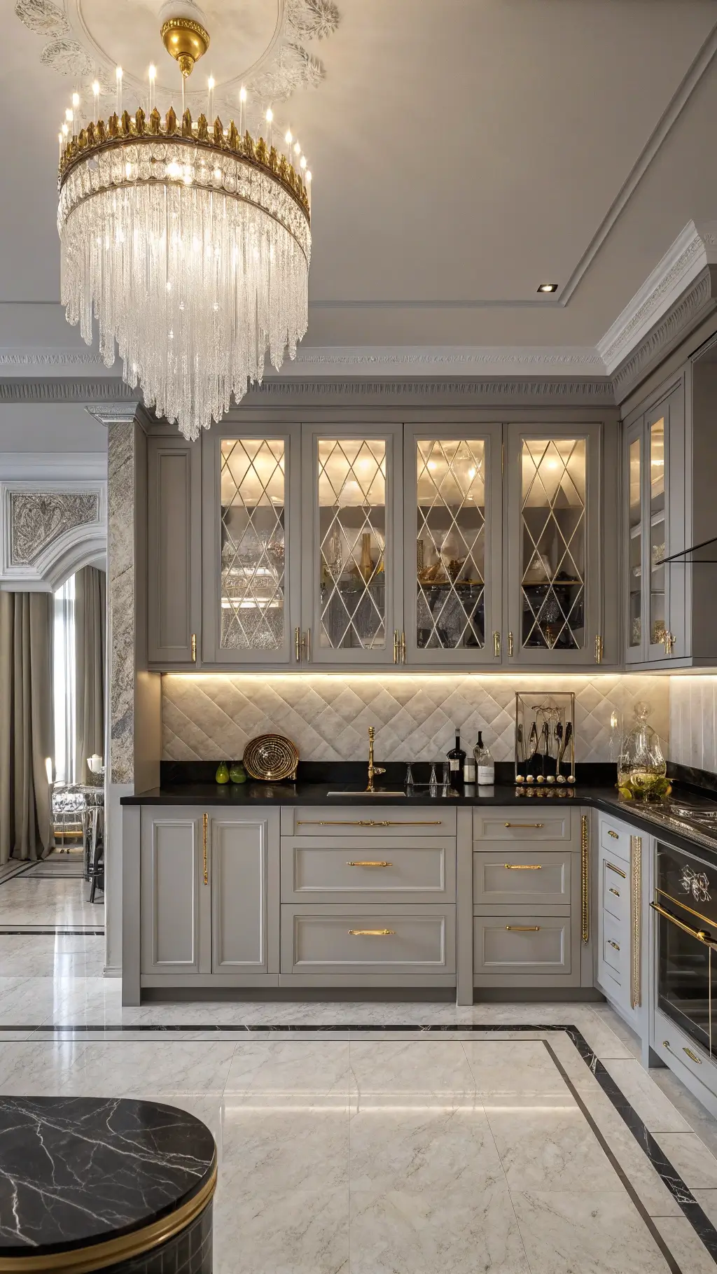 Art Deco kitchen with pearl gray cabinets, fluted glass accents, black marble counters with gold veining, crystal sconces, and a vintage bar cart in dramatic lighting.