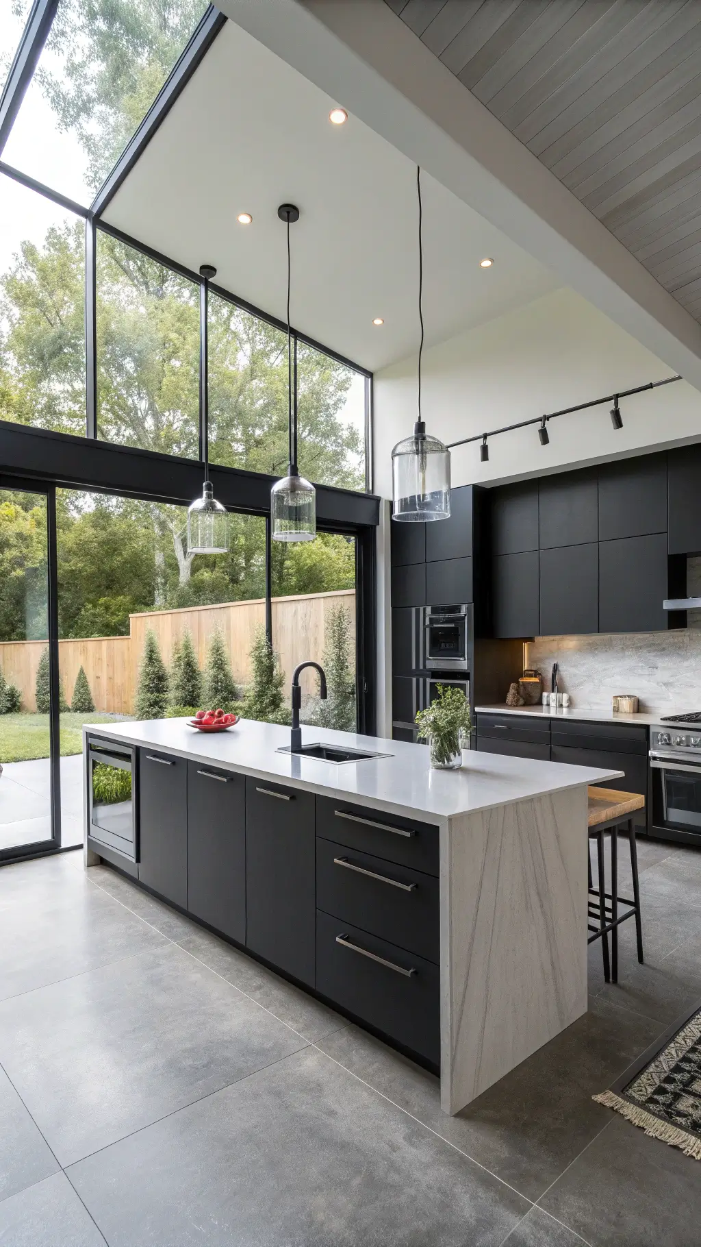 Modern 12x15ft kitchen with matte black cabinets, white quartz waterfall island, and floor-to-ceiling windows letting in morning light.
