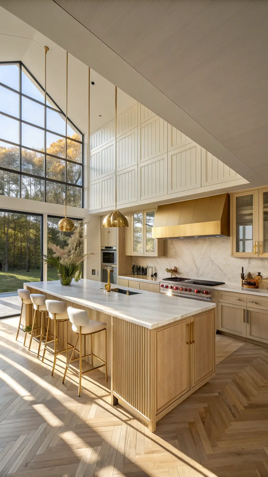 Golden hour view of a spacious 14x18ft open-concept kitchen with champagne gold aluminum cabinets, marble island seating four, copper range hood, and herringbone oak floors in dramatic shadow.