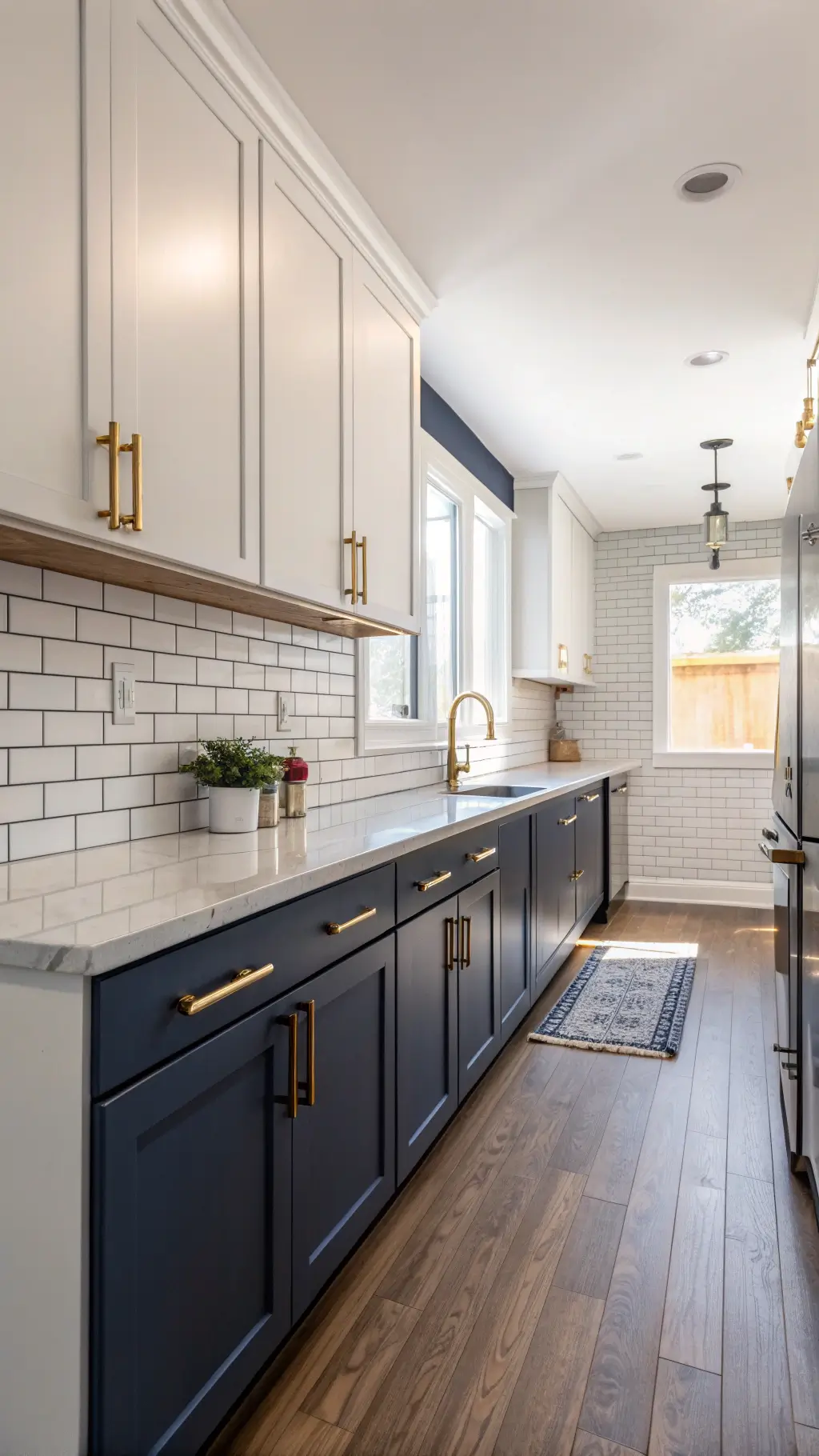 Symmetrical galley kitchen with navy lower and pearl grey upper aluminum cabinets, white subway tile backsplash with dark grout, brass hardware, and bathed in soft afternoon light.