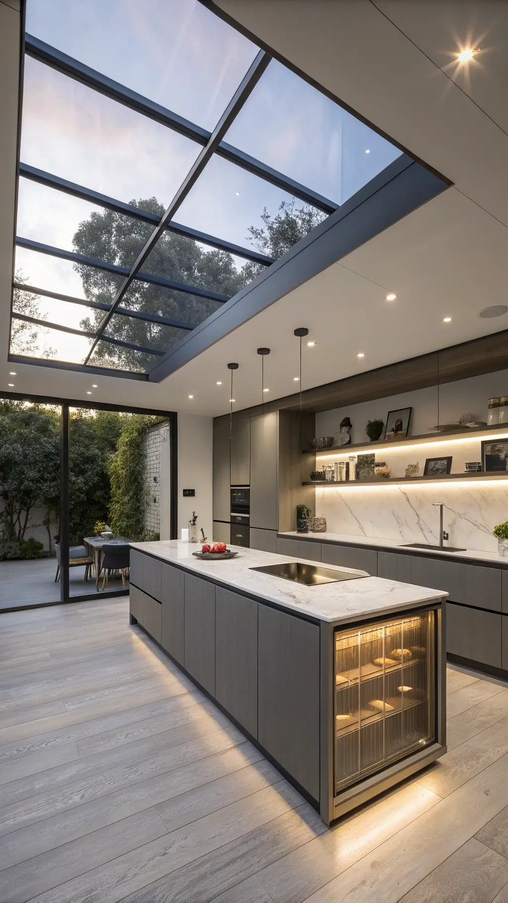 Modern 15x20ft kitchen at dusk with skylight, gunmetal grey cabinets with LED lighting, bleached oak and white Corian island, minimal shelving with ceramics, low angle view.