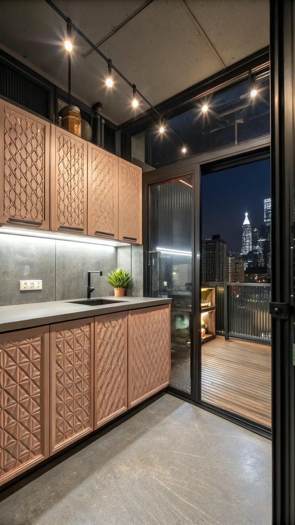 Urban kitchen corner with rose gold geometric cabinets, floating concrete countertops, black steel window, dramatic night lighting.