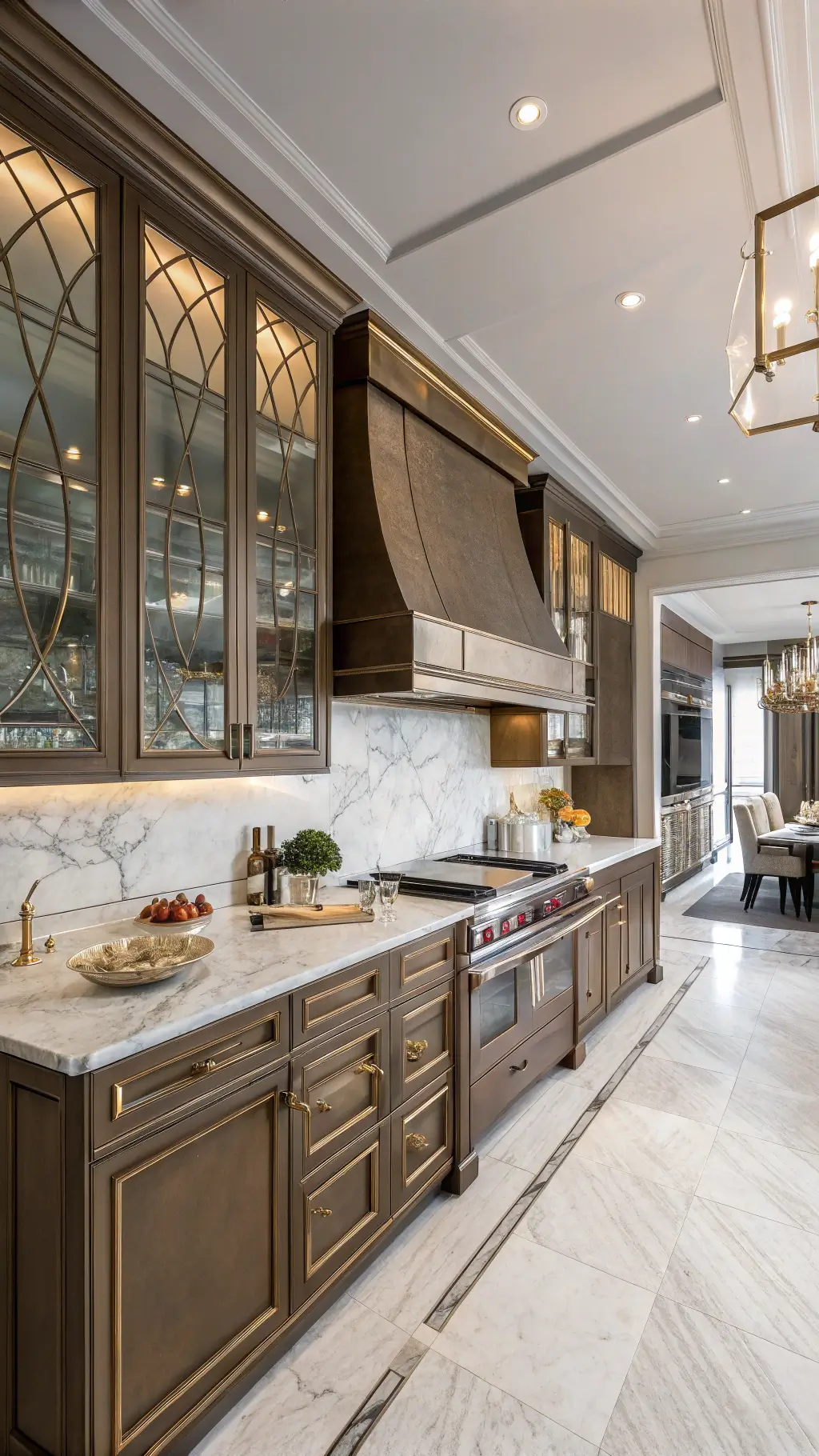 Luxurious 16x18ft chef's kitchen with bronze aluminum cabinets, glass-front uppers, custom bronze hood, and dramatic marble slab backsplash, viewed wide-angle from dining area in natural midday light.